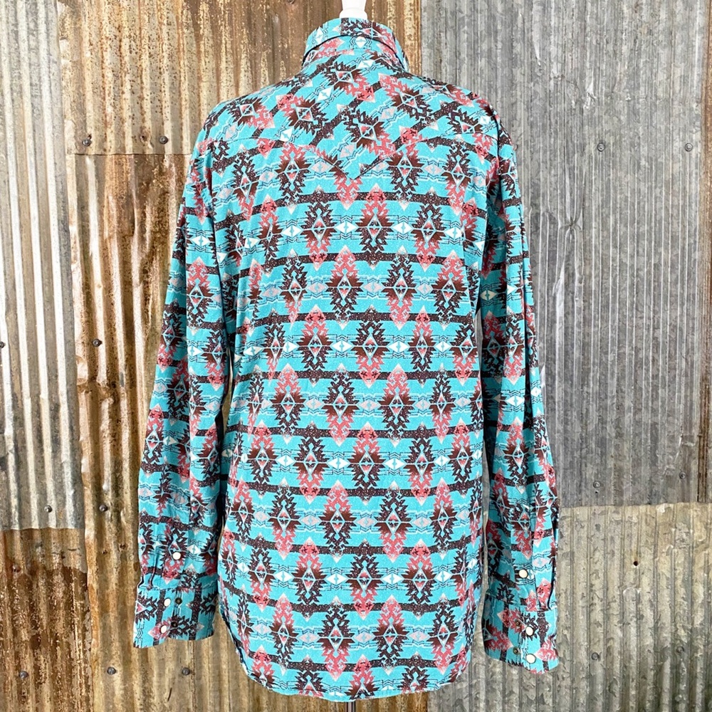 Men’s Rock & Roll Denim Modern Fit Aztec Design Pearl Snap Longsleeve Shirt - Picture 3 of 11